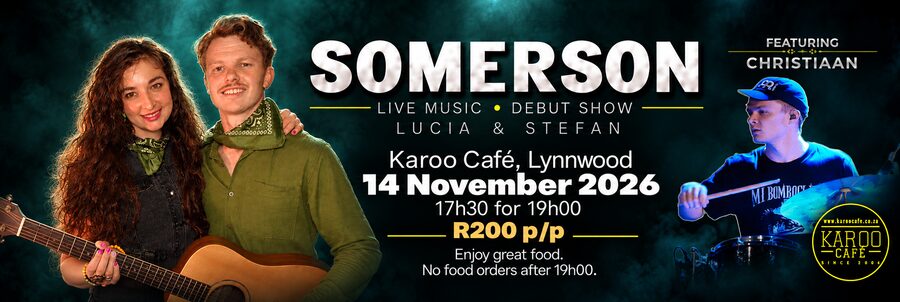 Somerson, Lucia and Stefan with Christiaan on drums, debut show, Saturday 14 November 2026, Karoo Café, Lynnwood